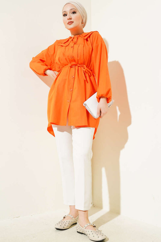 Çift Yaka İp Kuşaklı Gömlek Oranj