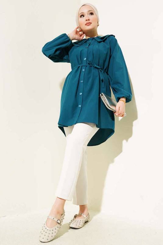 Chemise à double col et ceinture en corde, pétrole