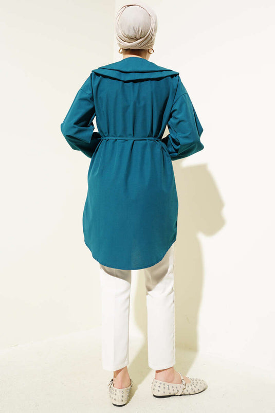 Chemise à double col et ceinture en corde, pétrole