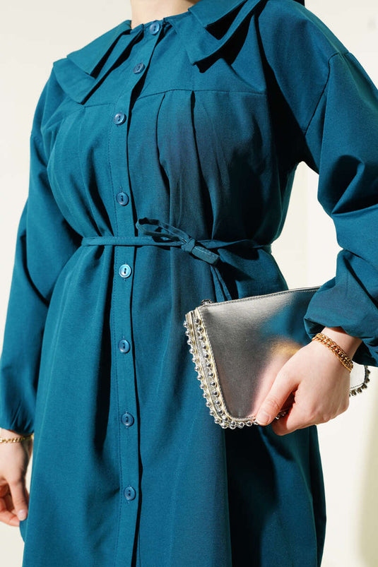 Chemise à double col et ceinture en corde, pétrole