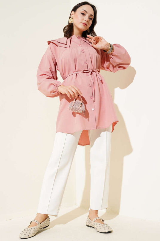 Çift Yaka İp Kuşaklı Gömlek Pudra