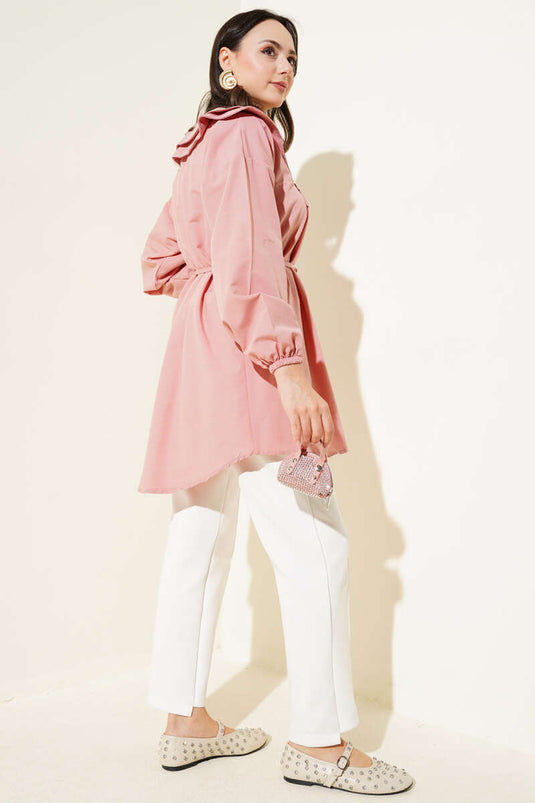 Çift Yaka İp Kuşaklı Gömlek Pudra