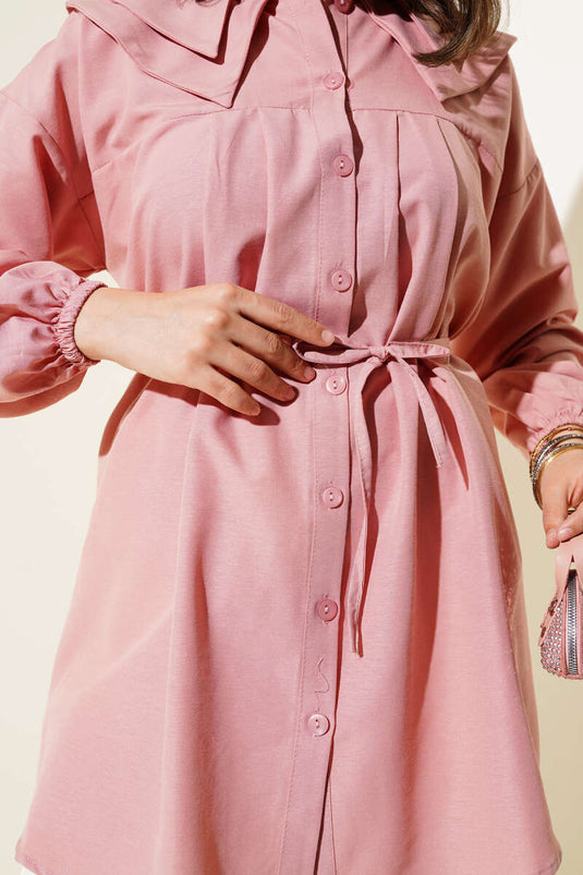 Çift Yaka İp Kuşaklı Gömlek Pudra