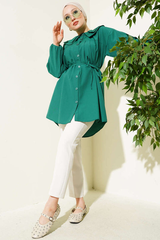 Chemise à double col et ceinture en corde émeraude