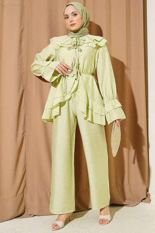 Double Collar Drawstring Two-Piece Set in Pistachio Green