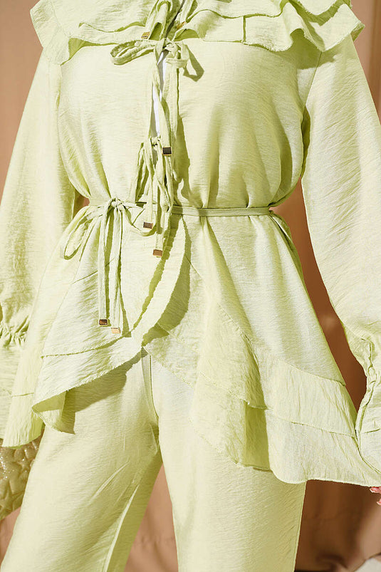 Double Collar Drawstring Two-Piece Set in Pistachio Green