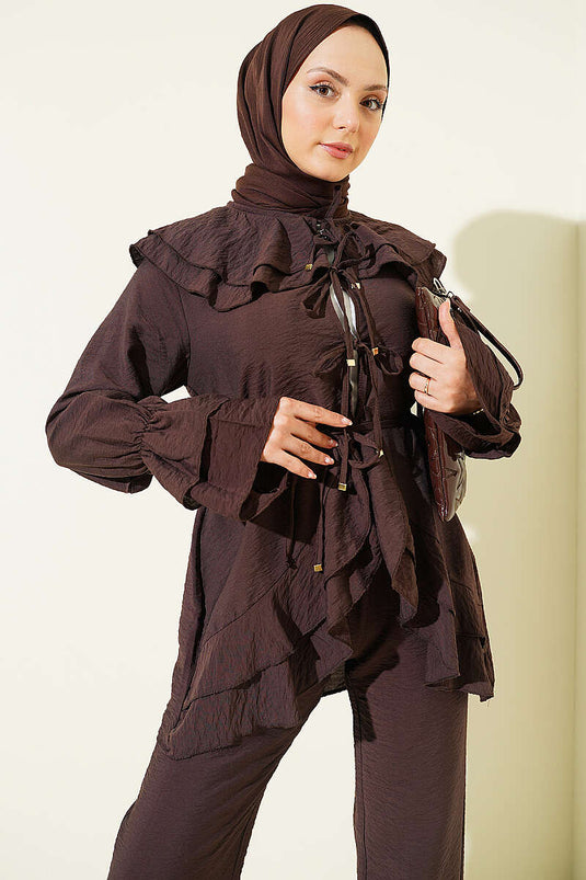 Double Collared Drawstring Two-Piece Set Brown