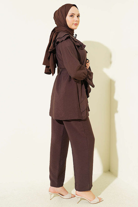 Double Collared Drawstring Two-Piece Set Brown