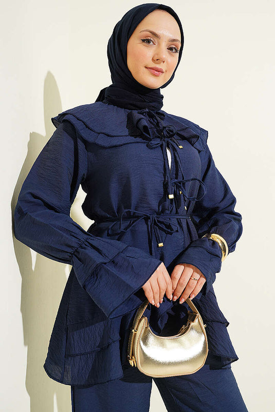 Double Collar Drawstring Two-Piece Set Navy Blue