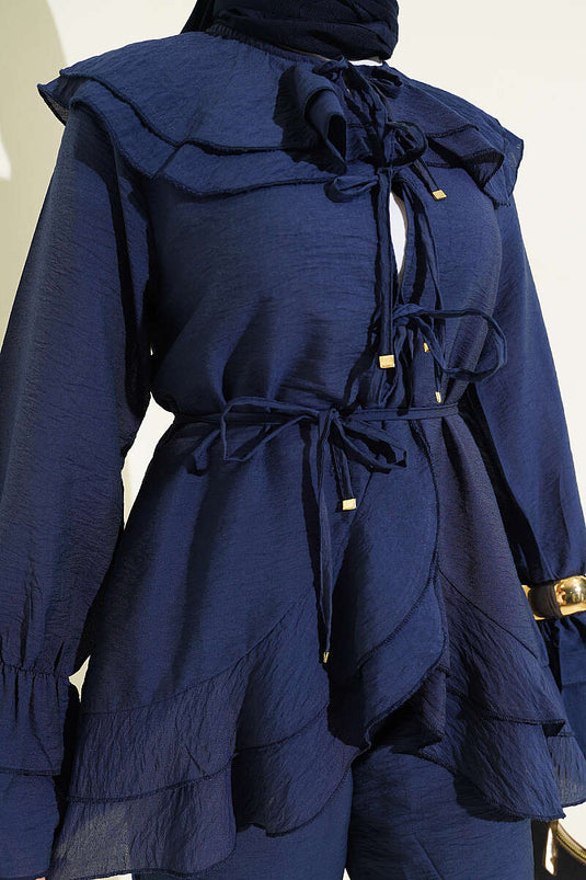 Ensemble double avec col double et cordon, bleu marine