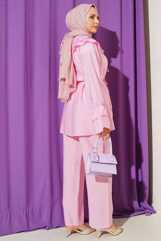 Double Collar Drawstring Two-Piece Set Pink