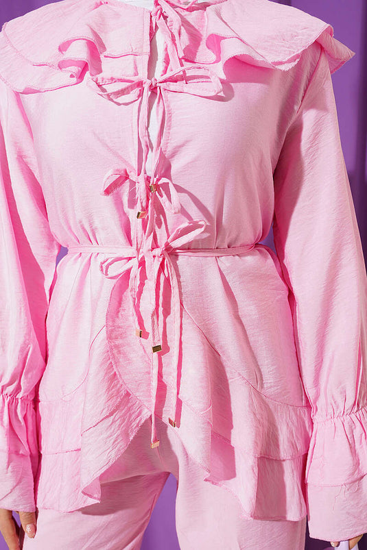 Ensemble double avec col double et cordons rose