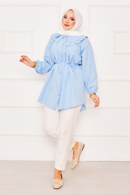 Double Collared Waist Tied Hijab Shirt Baby Blue