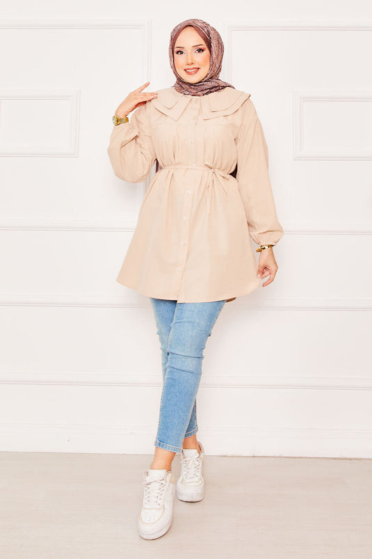Çift Yakalı Beli Bağcıklı Tesettür Gömlek Bej