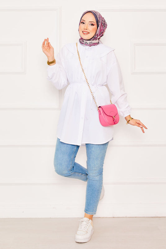 Çift Yakalı Beli Bağcıklı Tesettür Gömlek Beyaz