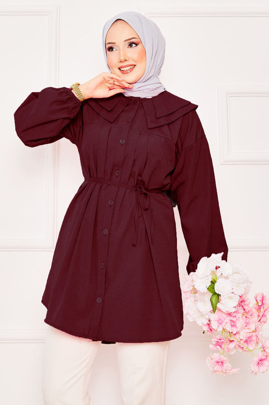 Chemise hijab à double col et taille nouée rouge bordeaux