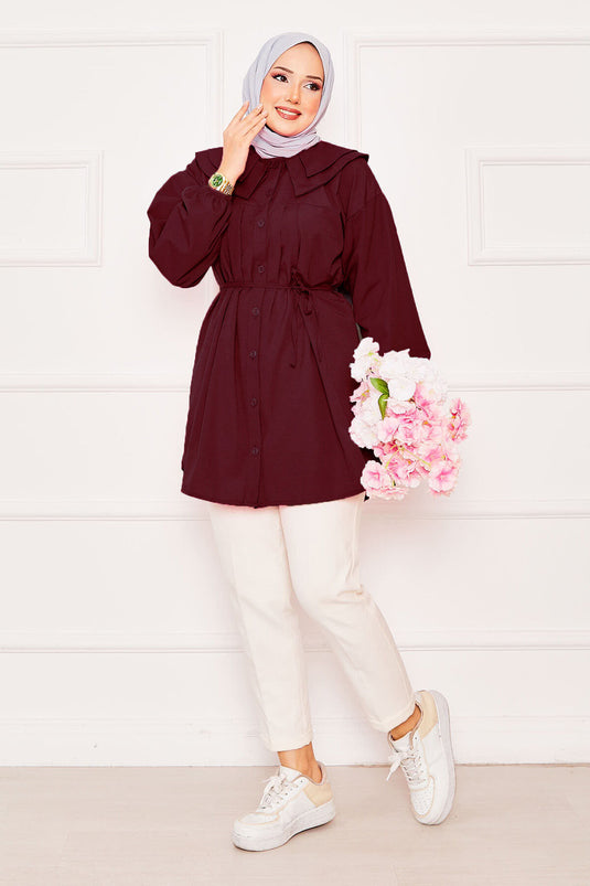 Chemise hijab à double col et taille nouée rouge bordeaux