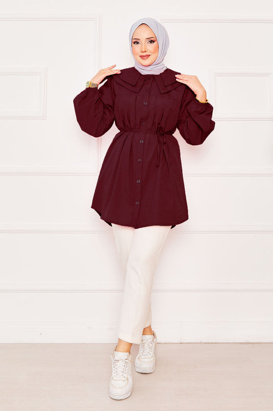 Chemise hijab à double col et taille nouée rouge bordeaux
