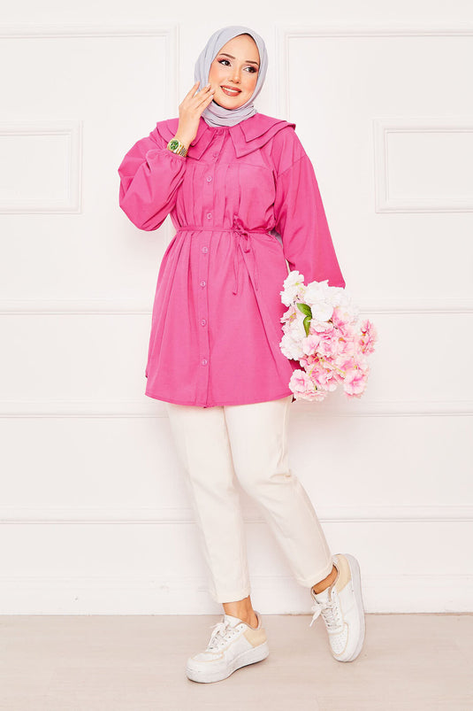 Double Collared Waist Tied Hijab Shirt Fuchsia