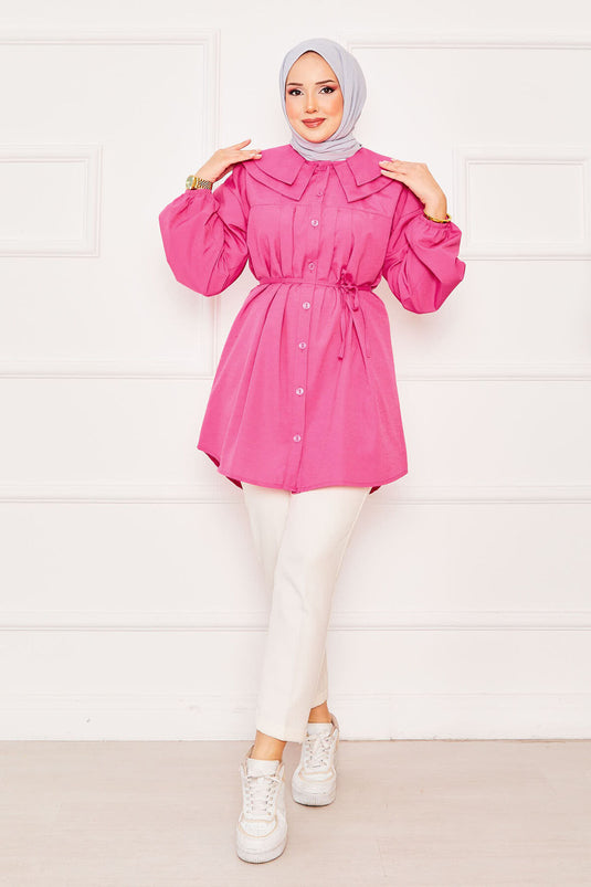 Double Collared Waist Tied Hijab Shirt Fuchsia