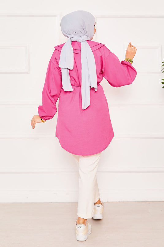Double Collared Waist Tied Hijab Shirt Fuchsia