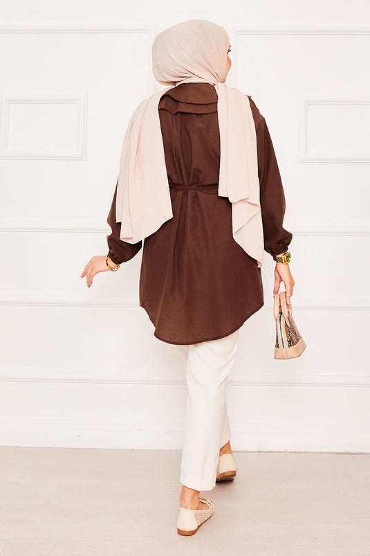قميص حجاب بني برباط خصر مزدوج