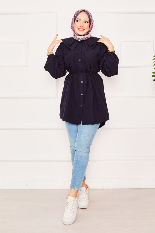 Çift Yakalı Beli Bağcıklı Tesettür Gömlek Lacivert