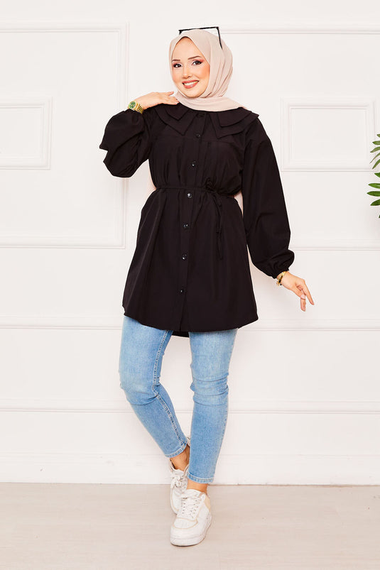 Double Collar Tied Waist Hijab Shirt Black
