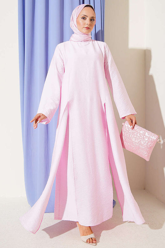 Çift Yırtmaçlı Uzun Tunikli İkili Takım Pembe