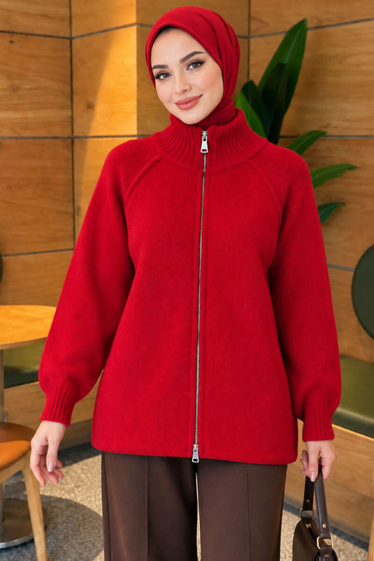 Reversible Zipper Knit Cardigan In Red