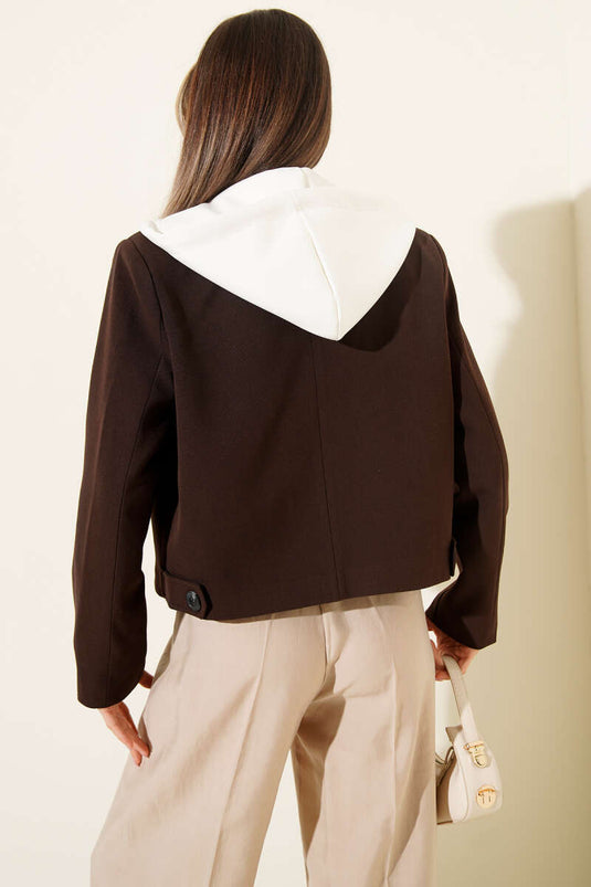 Çıkartılabilir Kapüşonlu Blazer Crop Ceket Kahve