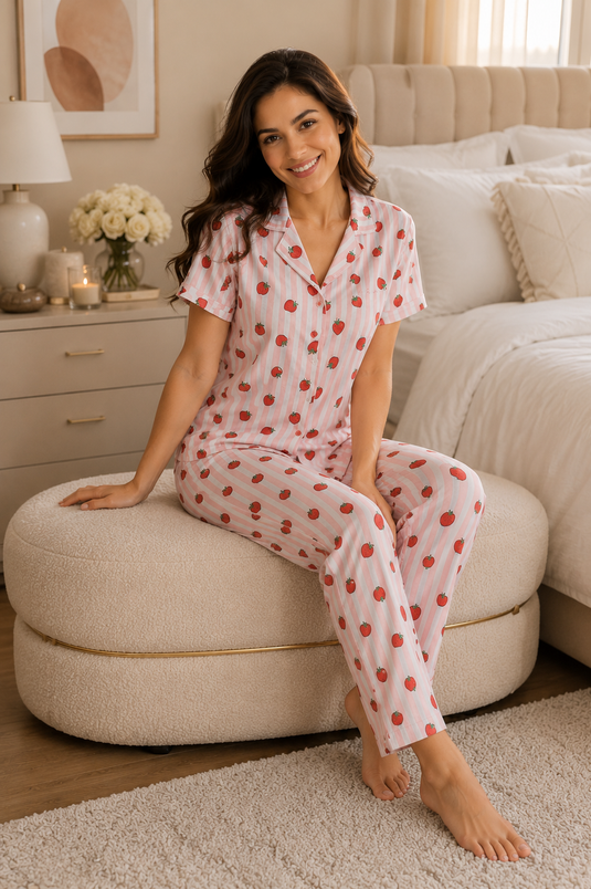 Çilek Desen Düğmeli Pijama Takımı Pembe