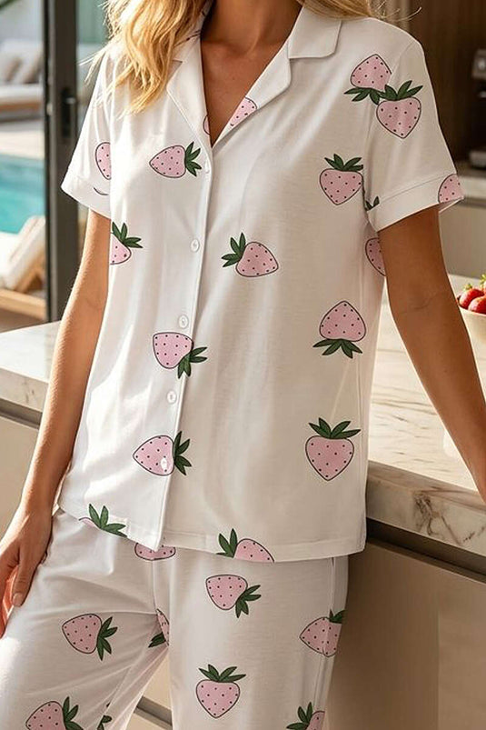 Çilek Desenli Kısa Kol Düğmeli Pijama Takım Pembe