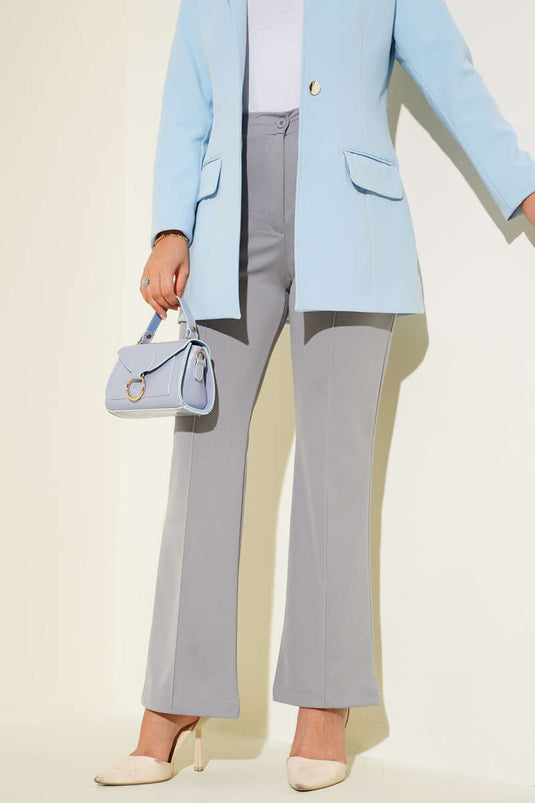 Çımalı Bel Düğmeli Pantolon Gri