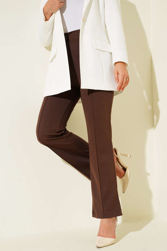 Çımalı Bel Düğmeli Pantolon Kahve