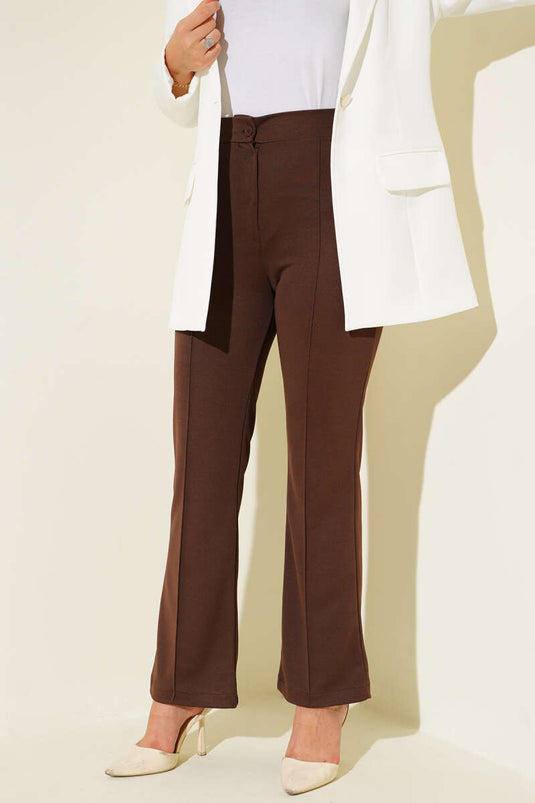 Çımalı Bel Düğmeli Pantolon Kahve