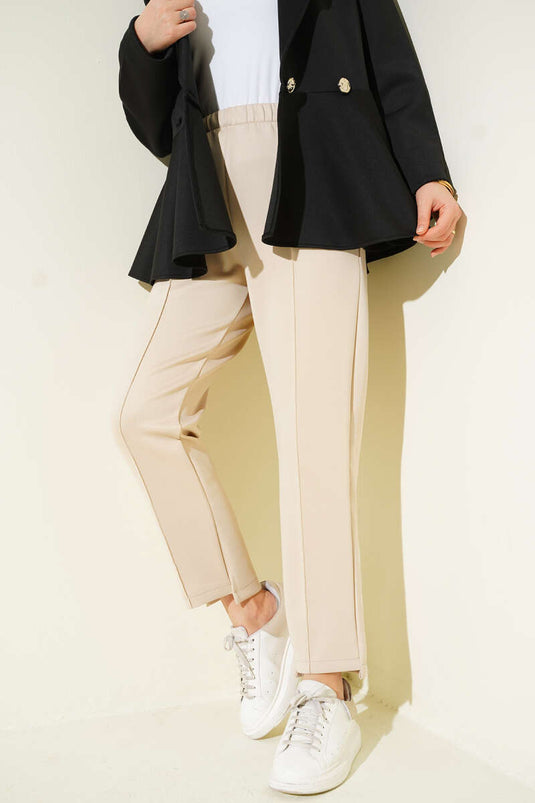 Narrow Leg Scuba Trousers with Ribbon, Beige