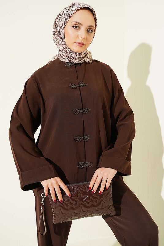 Ensemble double en tensel avec boutons chinois, couleur café