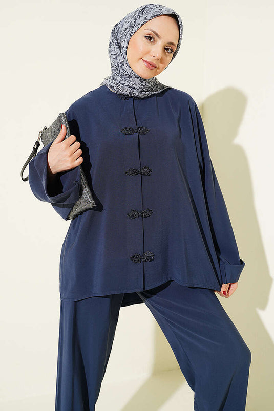 Ensemble double en Tencel bleu marine avec détails boutons