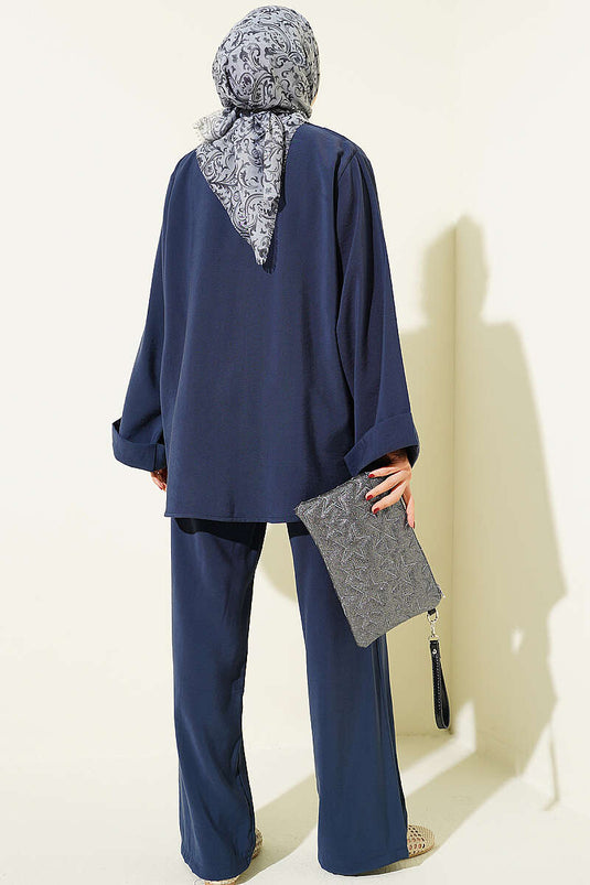 Ensemble double en Tencel bleu marine avec détails boutons