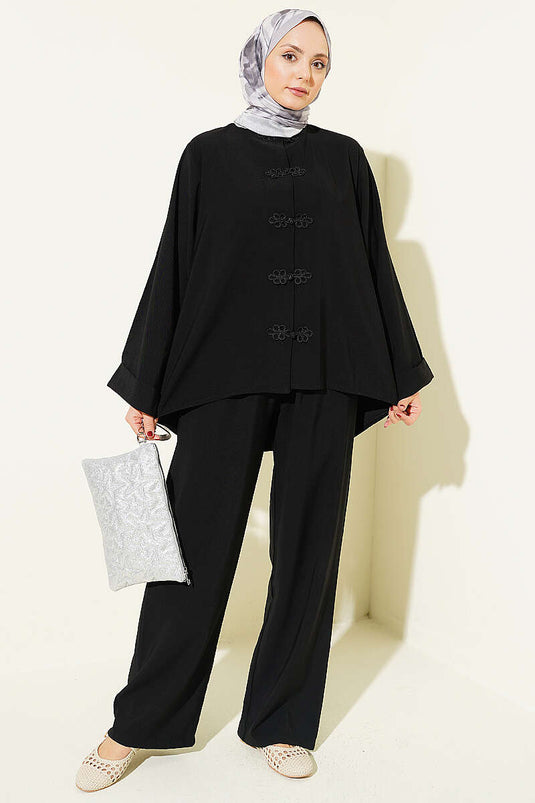 Ensemble double en tensel noir avec détails boutons chinois