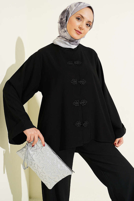 Ensemble double en tensel noir avec détails boutons chinois