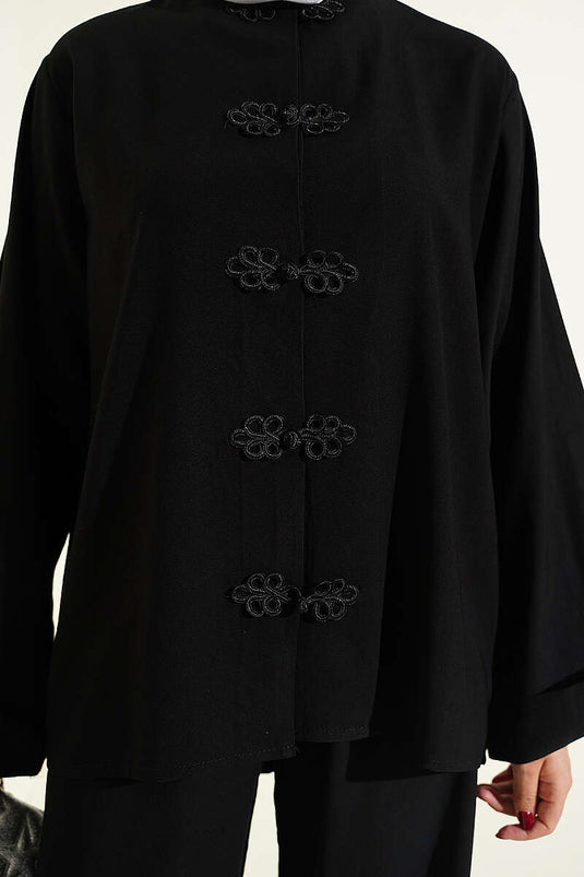 Ensemble double en tensel noir avec détails boutons chinois