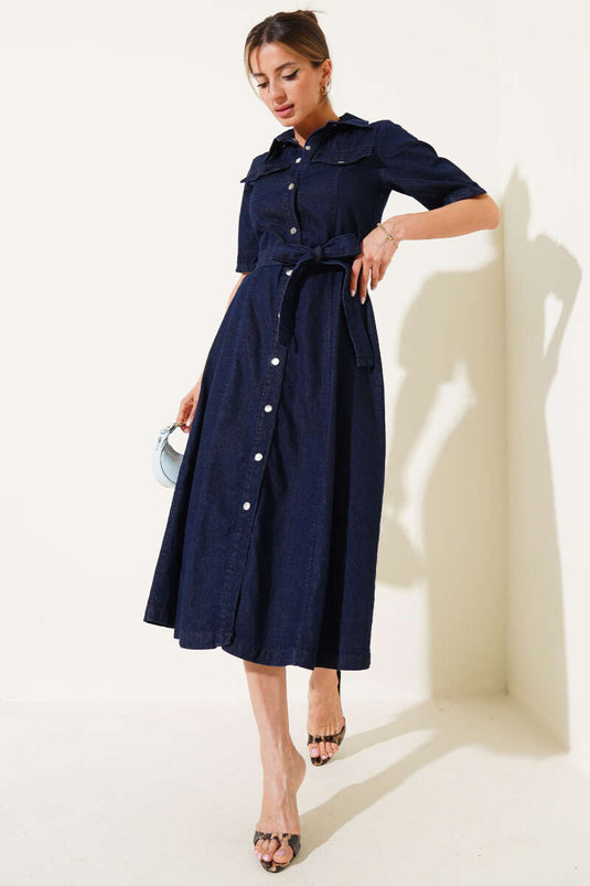 Snap Button Short Sleeve Denim Midi Dress Navy Blue