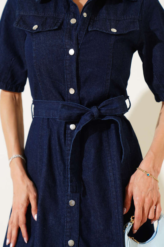 Snap Button Short Sleeve Denim Midi Dress Navy Blue