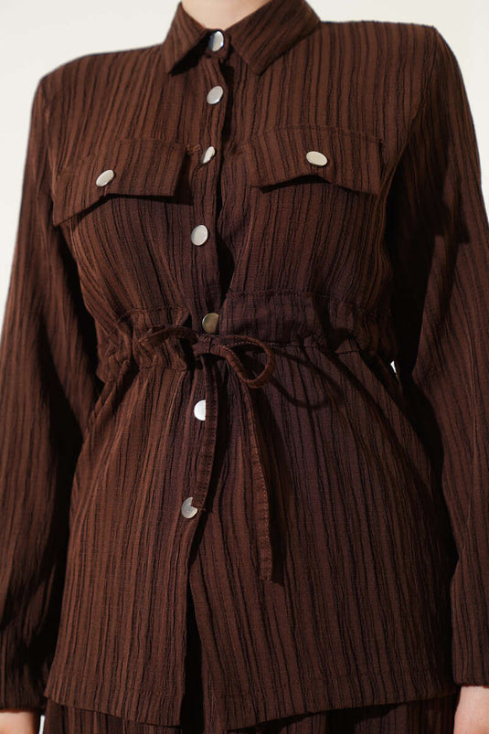 Çıtçıt Düğmeli Bel Tünelli Etekli İkili Takım Kahve