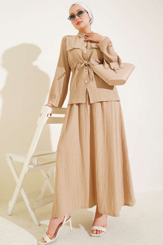 Çıtçıt Düğmeli Bel Tünelli Etekli İkili Takım Latte