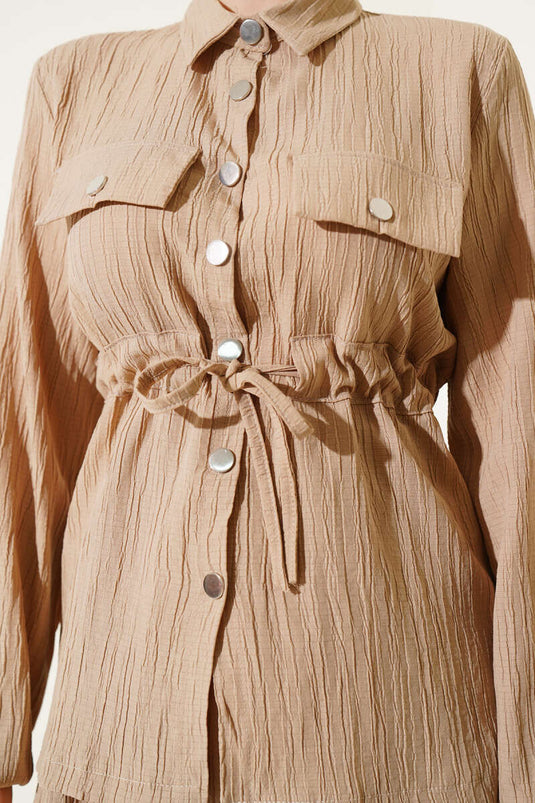 Çıtçıt Düğmeli Bel Tünelli Etekli İkili Takım Latte