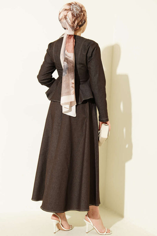 Çıtçıt Düğmeli Bluzlu Etekli Kot Takım Kahve