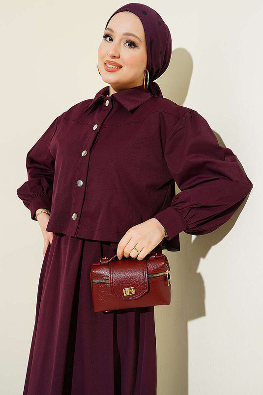 Snap Button Jacket Pinafore Set Burgundy